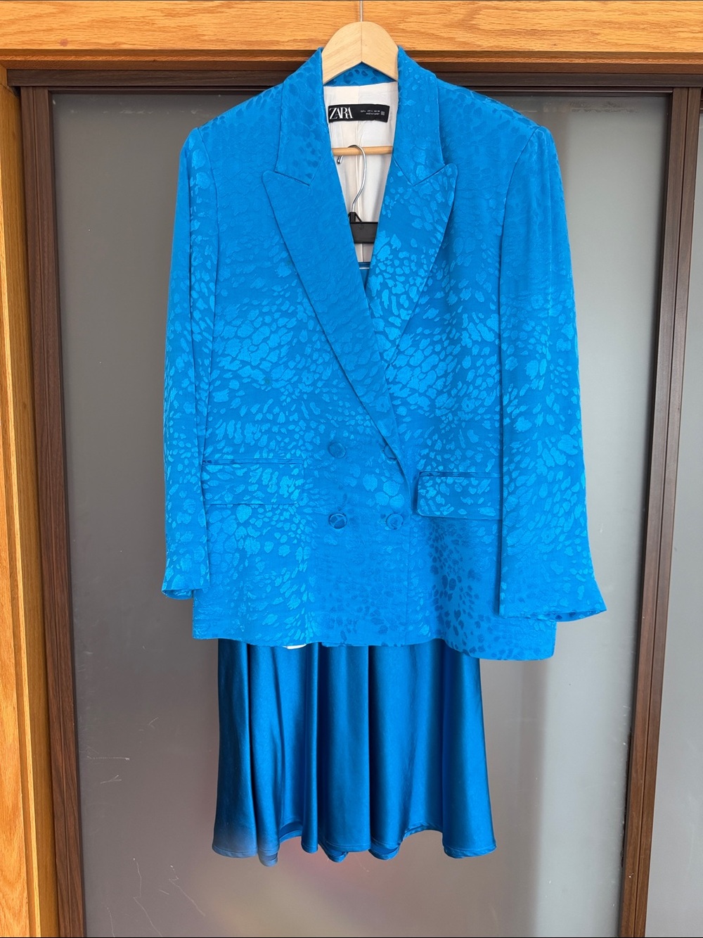 ZARA Bright Blue Double-Breasted Jacquard Blazer & Skirt set